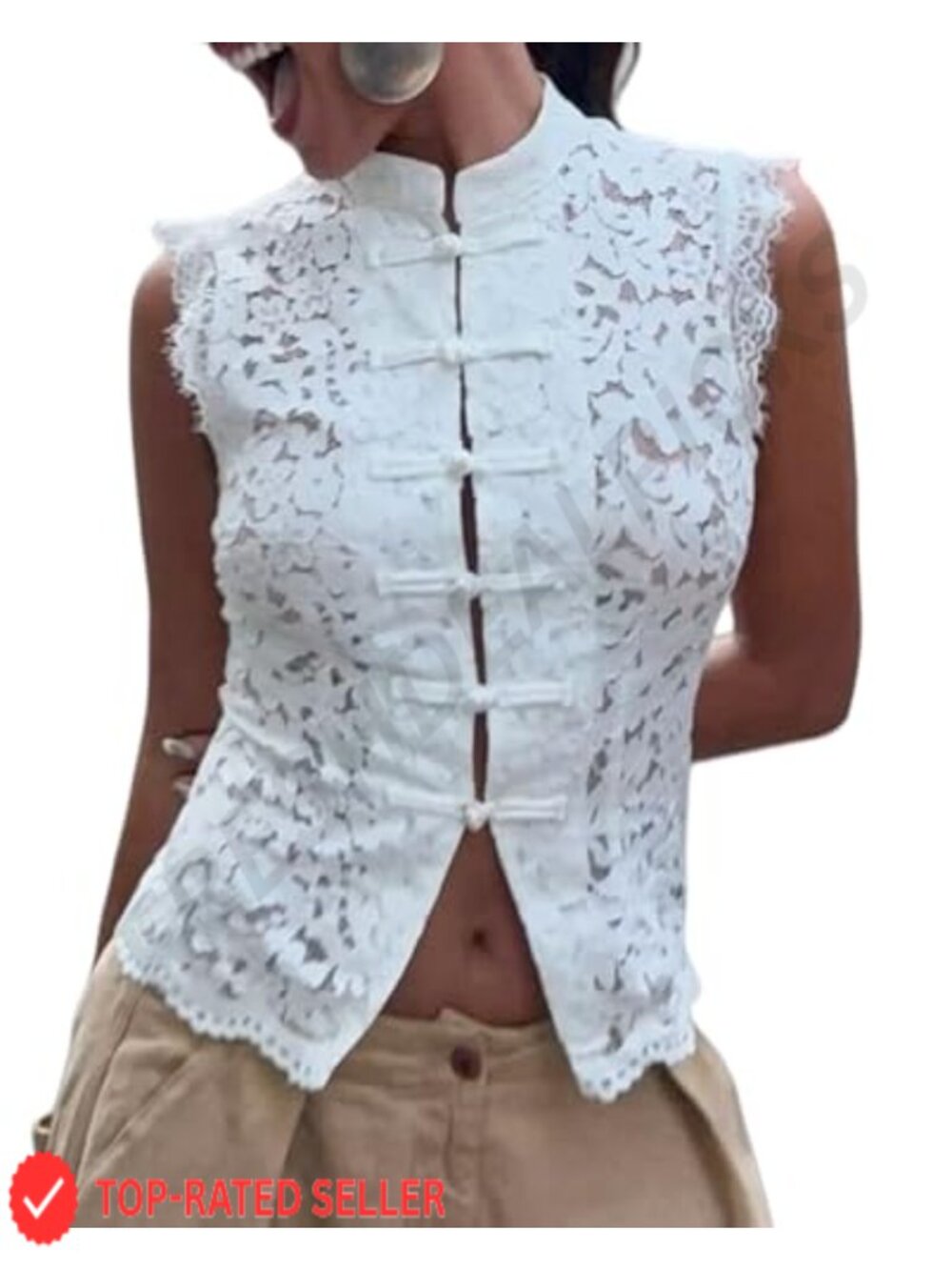 Sheer Lace Mock Neck Tank Top Mandarin Collar Frog Button Crop Top - Picture 1 of 2